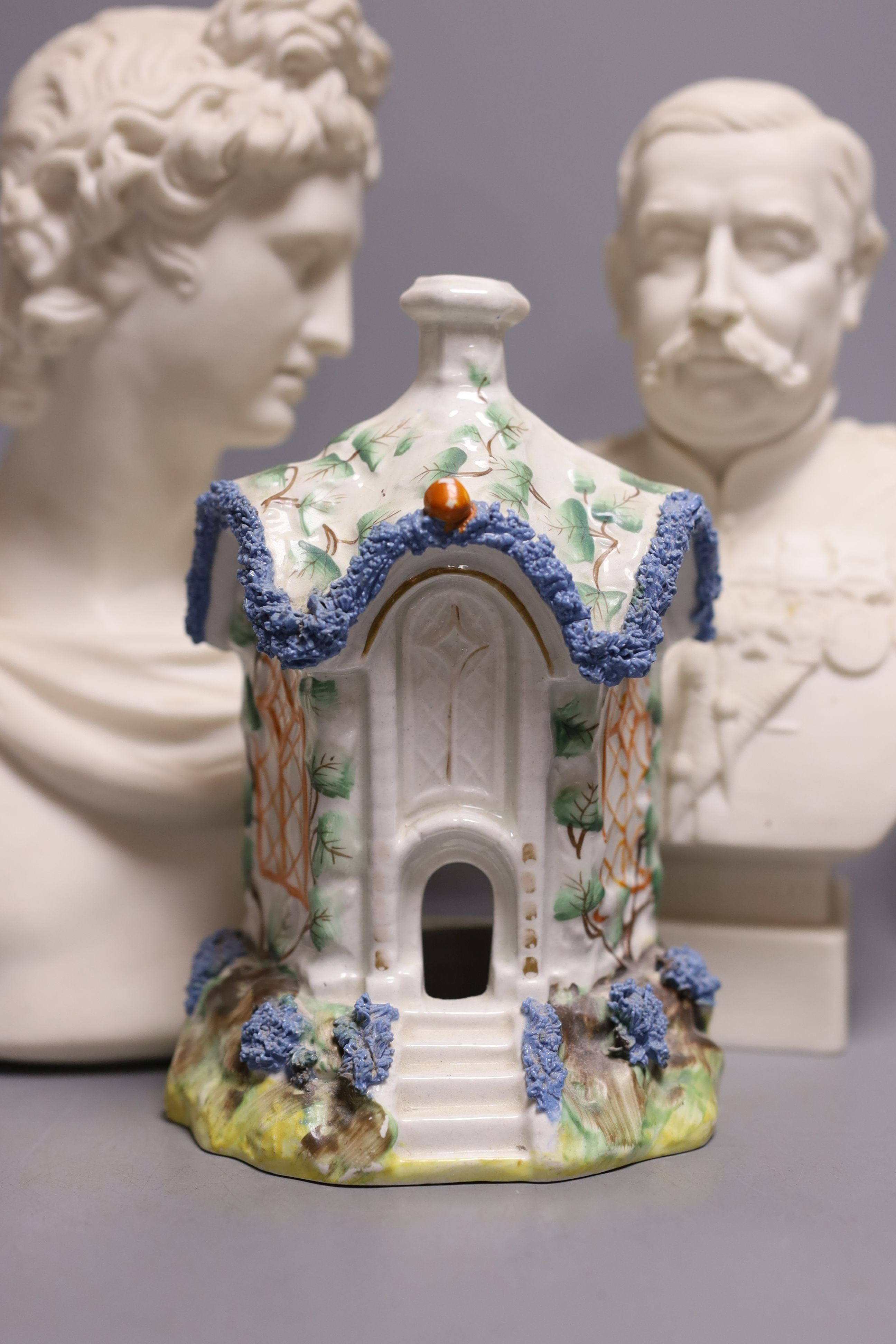 Two parian busts and a similar figure and two items of Staffordshire pottery - tallest 26cm
